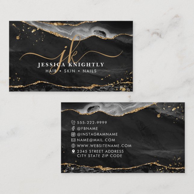 Black Agate Gold Glitter Script Monogram Business Card (Front/Back)