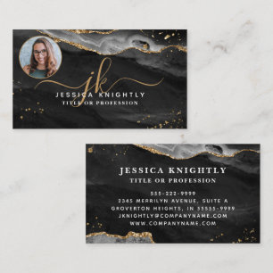 Black Agate Gold Glitter Script Monogram Photo Business Card