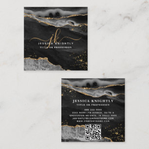 Black Agate Gold Glitter Script Monogram QR Square Business Card