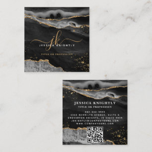 Black Agate Gold Glitter Script Monogram QR Square Business Card