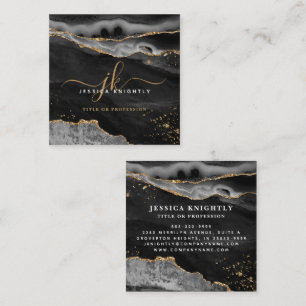 Black Agate Gold Glitter Script Monogram Square Business Card