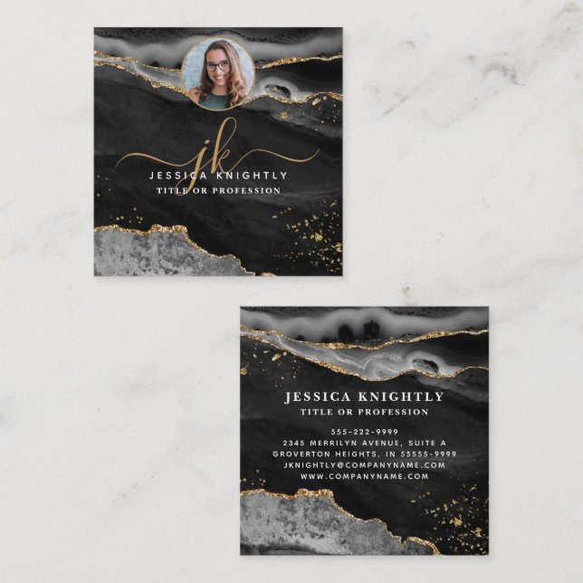 Black Agate Gold Glitter Script Photo Square Business Card (Front/Back)