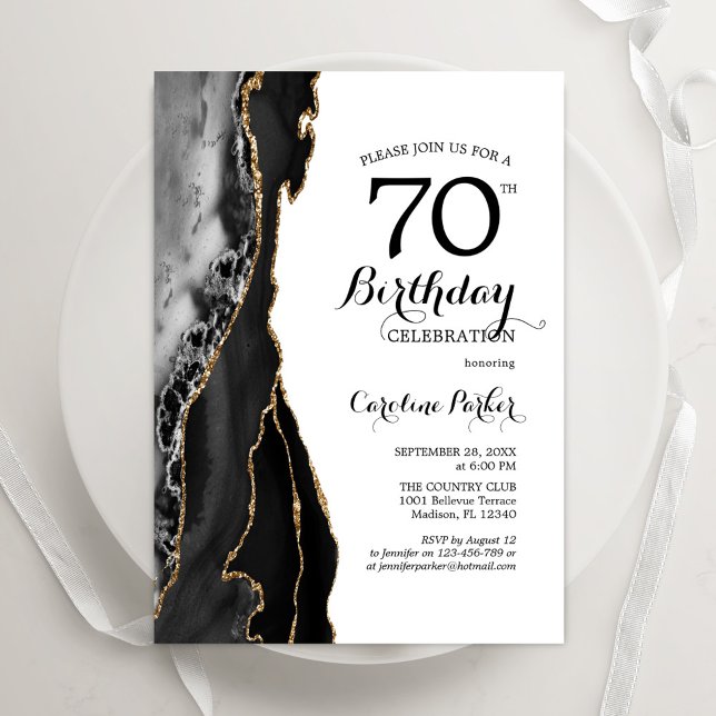 Black Agate Gold White 70th Birthday Invitation (Creator Uploaded)
