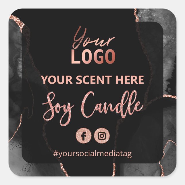 Black Agate Rose Gold Glitter Soy Candle Labels (Front)