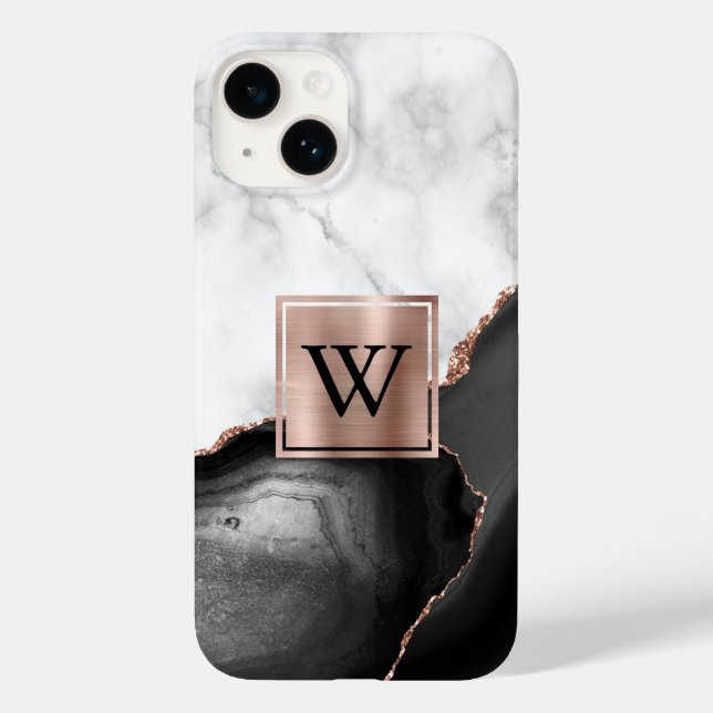Black Agate Rose Gold White Marble Monogram Case-Mate iPhone Case (Back)