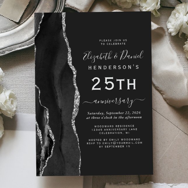 Black Agate Silver 25th Anniversary Invitation (Creator Uploaded)