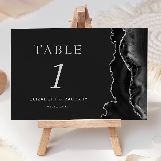 Black Agate Silver Dark Wedding Table Number (Creator Uploaded)