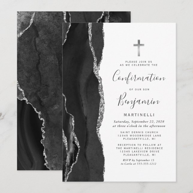 Black Agate Silver Glitter Confirmation Invitation (Front/Back)