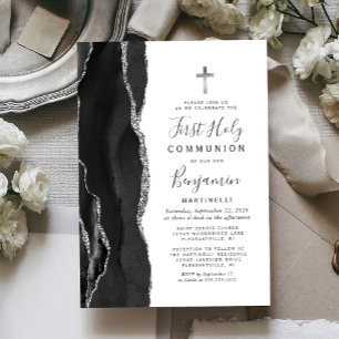 Black Agate Silver Glitter First Holy Communion Invitation