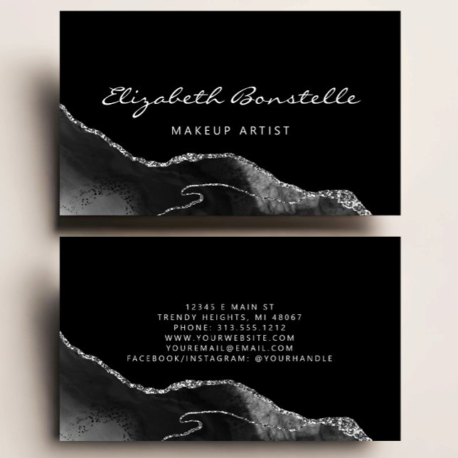 Black Agate Silver Glitter Luxury Business Card (Creator Uploaded)