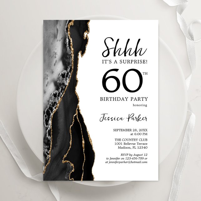 Black Agate White Gold Surprise 60th Birthday Invitation (Creator Uploaded)