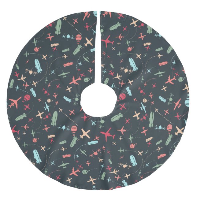 Black Airplane and Aviation Pattern Brushed Polyester Tree Skirt (Front)