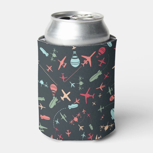 Black Airplane and Aviation Pattern Can Cooler (Can Front)