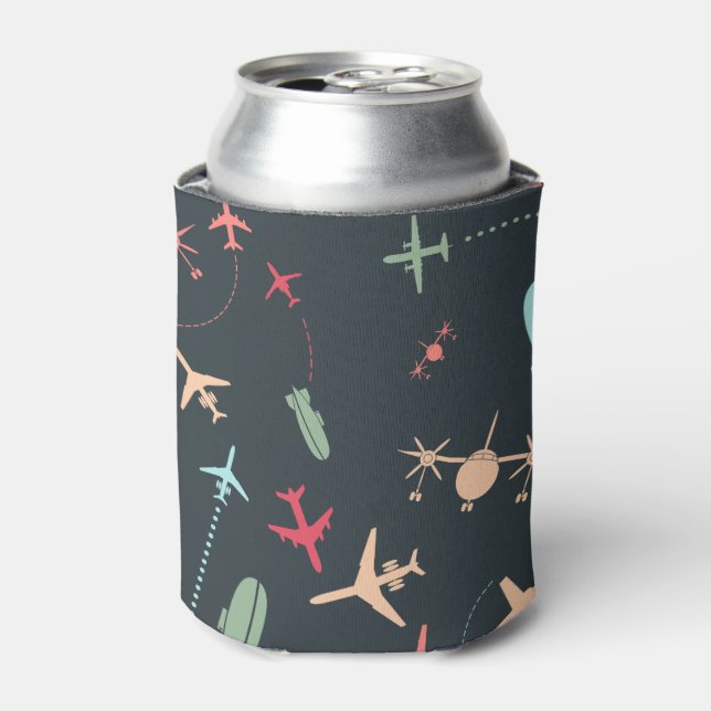 Black Airplane and Aviation Pattern Can Cooler (Can Front)