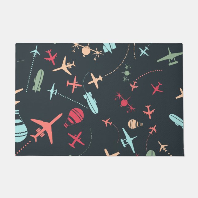 Black Airplane and Aviation Pattern Doormat (Front)