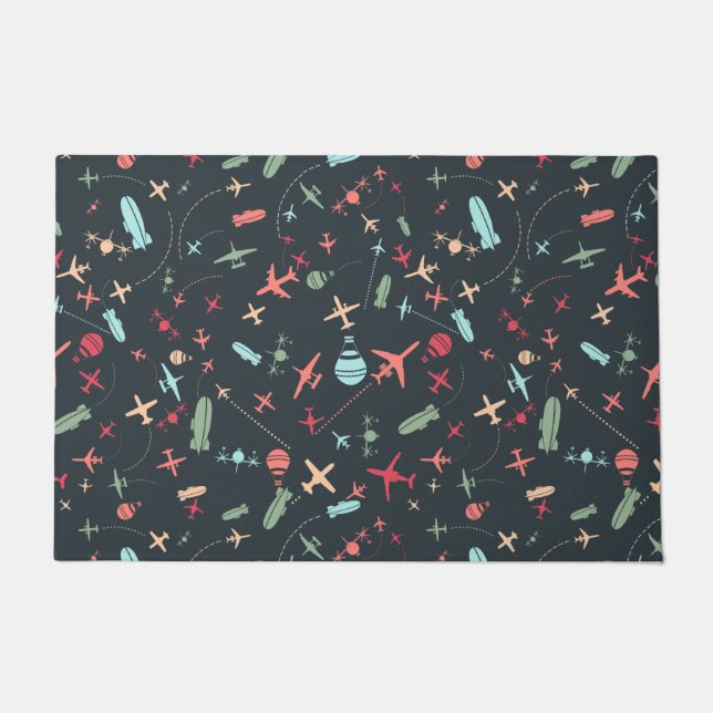 Black Airplane and Aviation Pattern Doormat (Front)