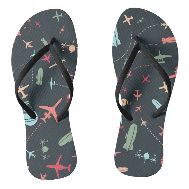 Black Airplane and Aviation Pattern Flip Flops (Footbed)
