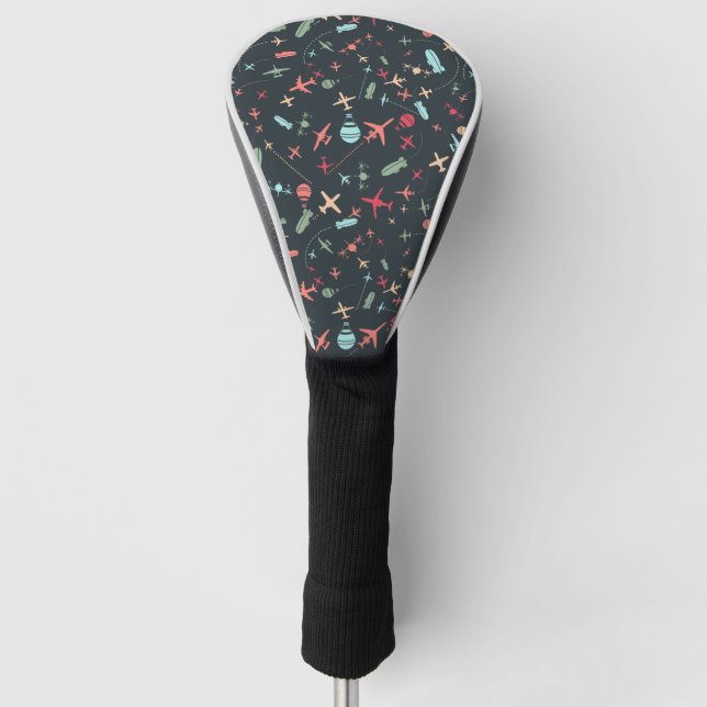 Black Airplane and Aviation Pattern Golf Head Cover (Front)