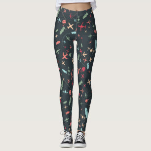 Black Airplane and Aviation Pattern Leggings