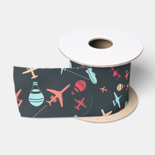 Black Airplane and Aviation Pattern Satin Ribbon