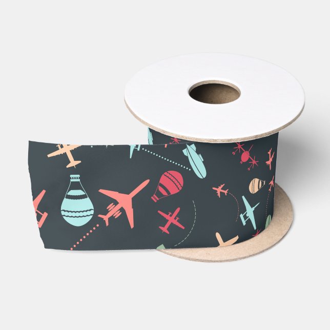 Black Airplane and Aviation Pattern Satin Ribbon (Spool)