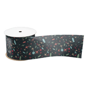 Black Airplane and Aviation Pattern Satin Ribbon