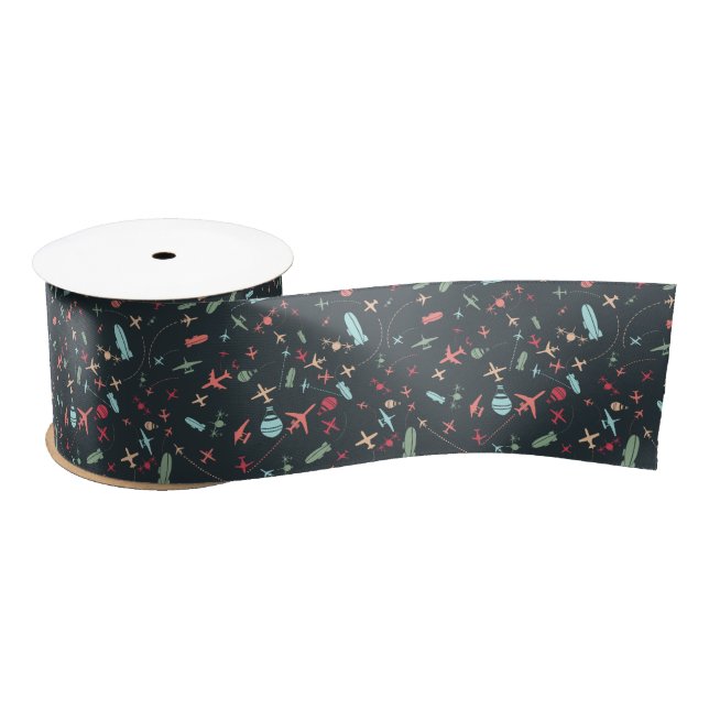 Black Airplane and Aviation Pattern Satin Ribbon (Spool)