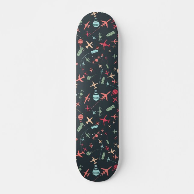 Black Airplane and Aviation Pattern Skateboard (Front)