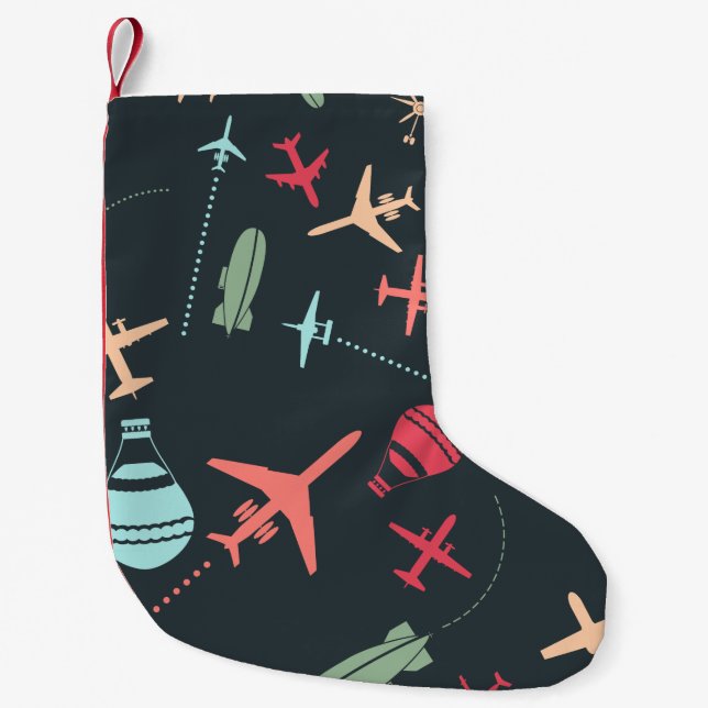 Black Airplane and Aviation Pattern Small Christmas Stocking (Front)