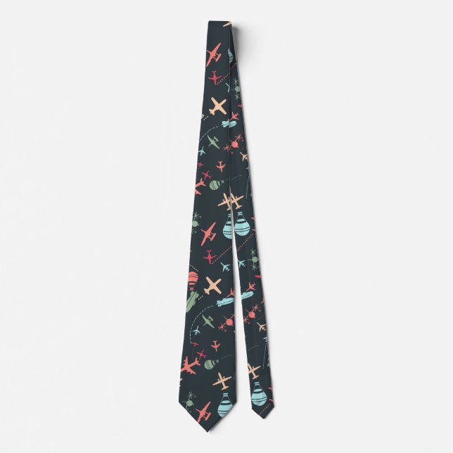 Black Airplane and Aviation Pattern Tie (Front)