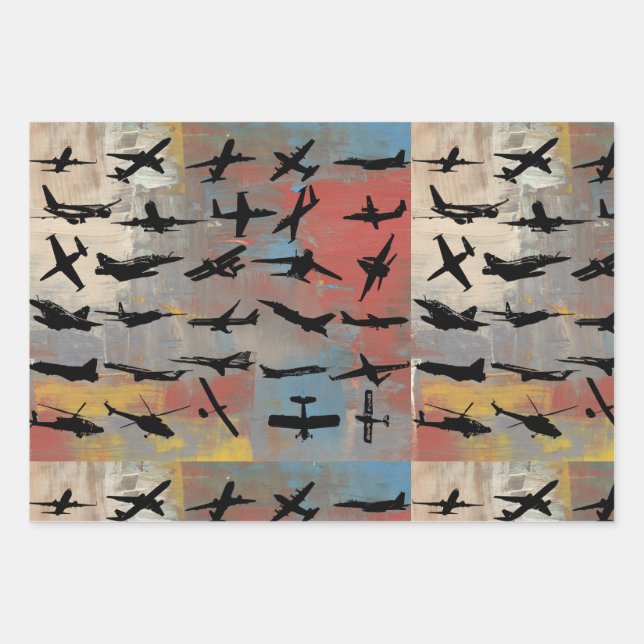Black airplane silhouettes wrapping paper sheet (Front)