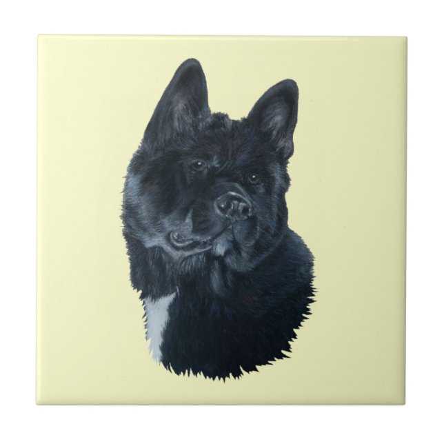black akita dog portrait white chest original art tile (Front)