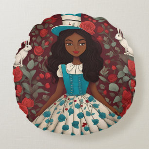 Black Alice in Wonderland Round Pillow