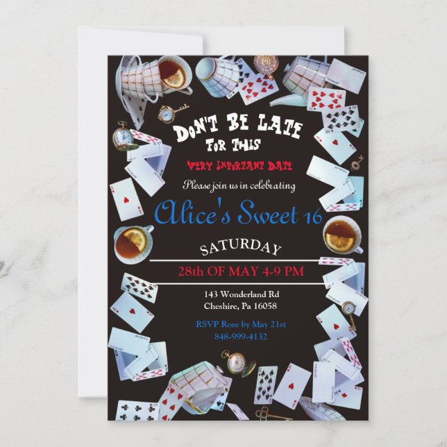 Black Alice In Wonderland Tea Party Invitations (Devant)