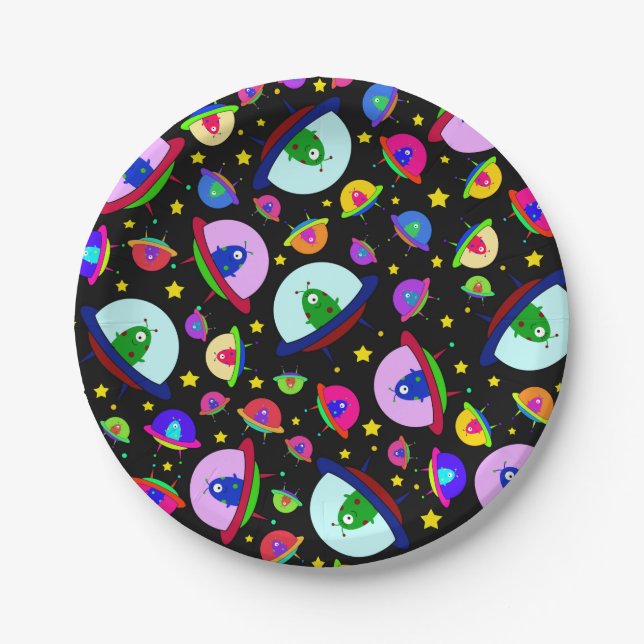Black alien spaceship pattern paper plate (Front)
