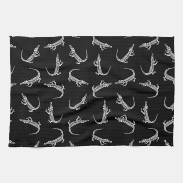 Black Alligators Print Pattern Animal Art Design Kitchen Towel (Horizontal)