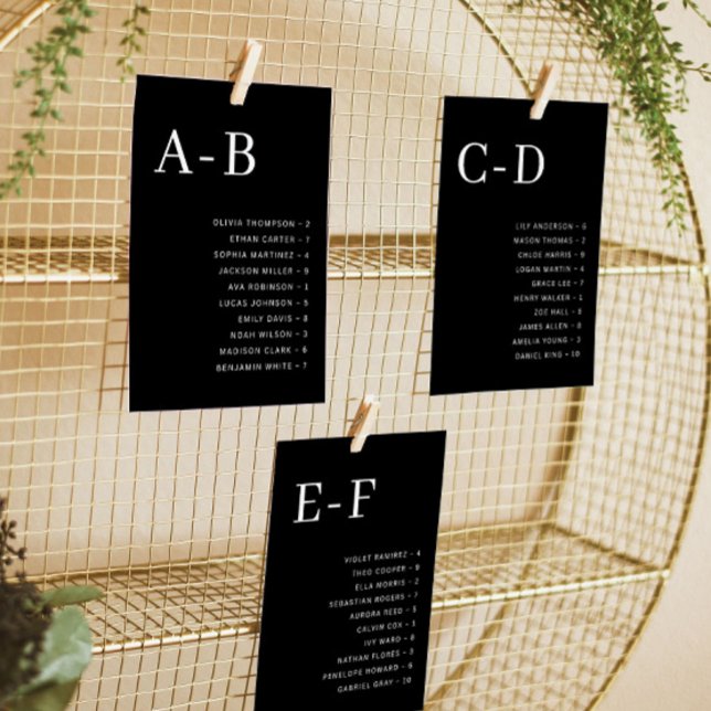 Black Alphabetical Wedding Seating Chart Card (Creator Uploaded)