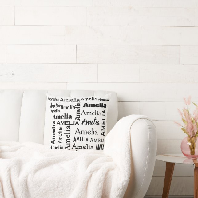 Black AMELIA Name On White Throw Pillow (Couch)