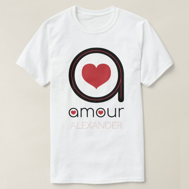 Black Amour Love, Red Heart, Name Personalized T-Shirt (Design Front)