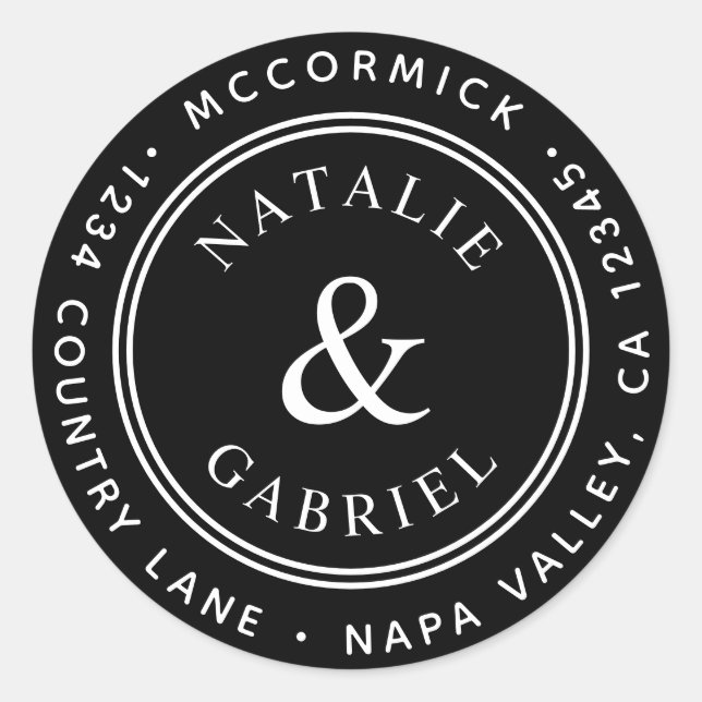 Black Ampersand Wedding Return Address Classic Round Sticker (Front)