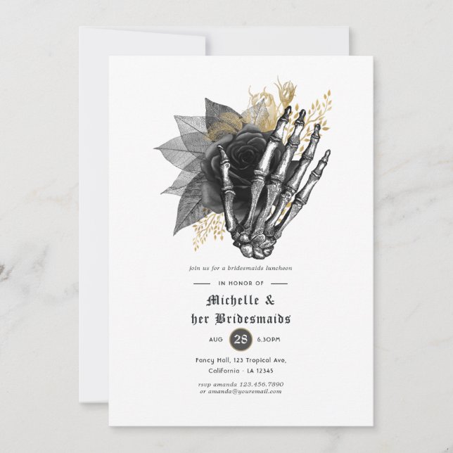 Black an Gold Floral Gothic Bridesmaids Luncheon Invitation (Front)