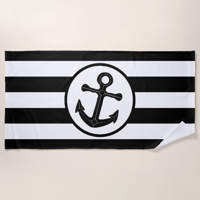 Black Anchor Design Striped Beach Towel (Front)