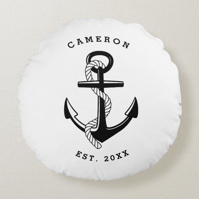 Black Anchor Nautical Personalized Round Pillow (Front)