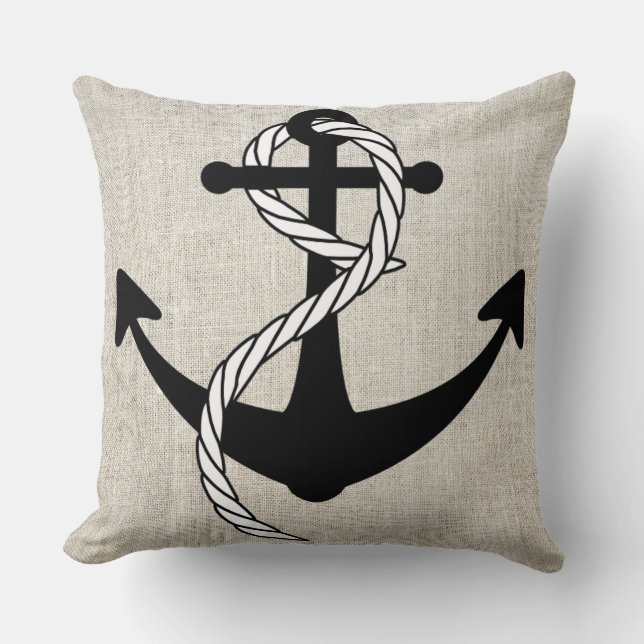 Black Anchor with rope Linen Burlap Throw Pillow (Front)