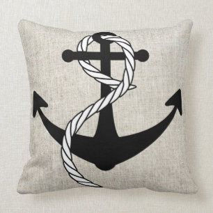 Black Anchor with rope Linen Burlap Throw Pillow