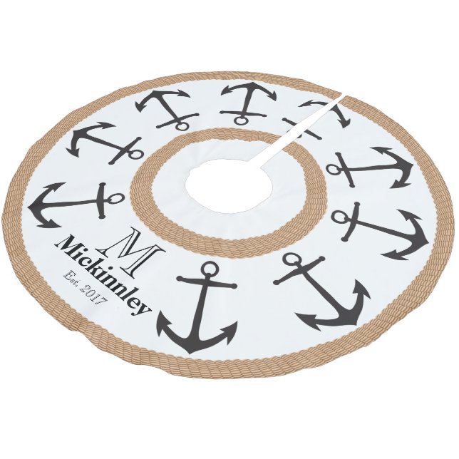 Black Anchors and Brown Rope Nautical Family Name Brushed Polyester Tree Skirt (Angled)