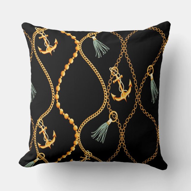 Black Anchors & Chains Nautical Throw Pillow (Front)