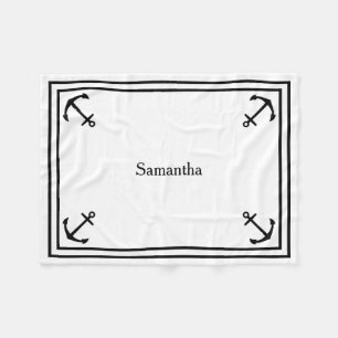 Black Anchors on White Personalized Fleece Blanket