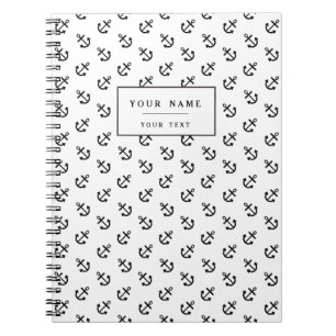 Black Anchors White Background Pattern Notebook
