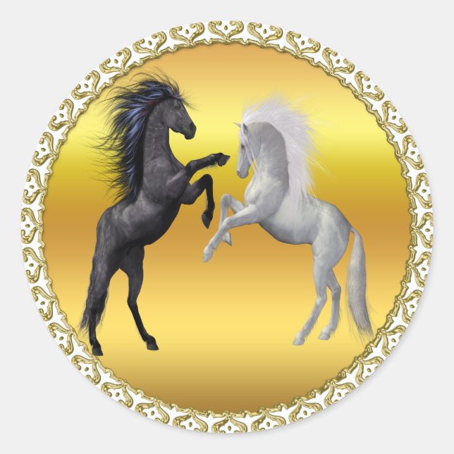 Black and a white Horse that are fighting Classic Round Sticker (Front)
